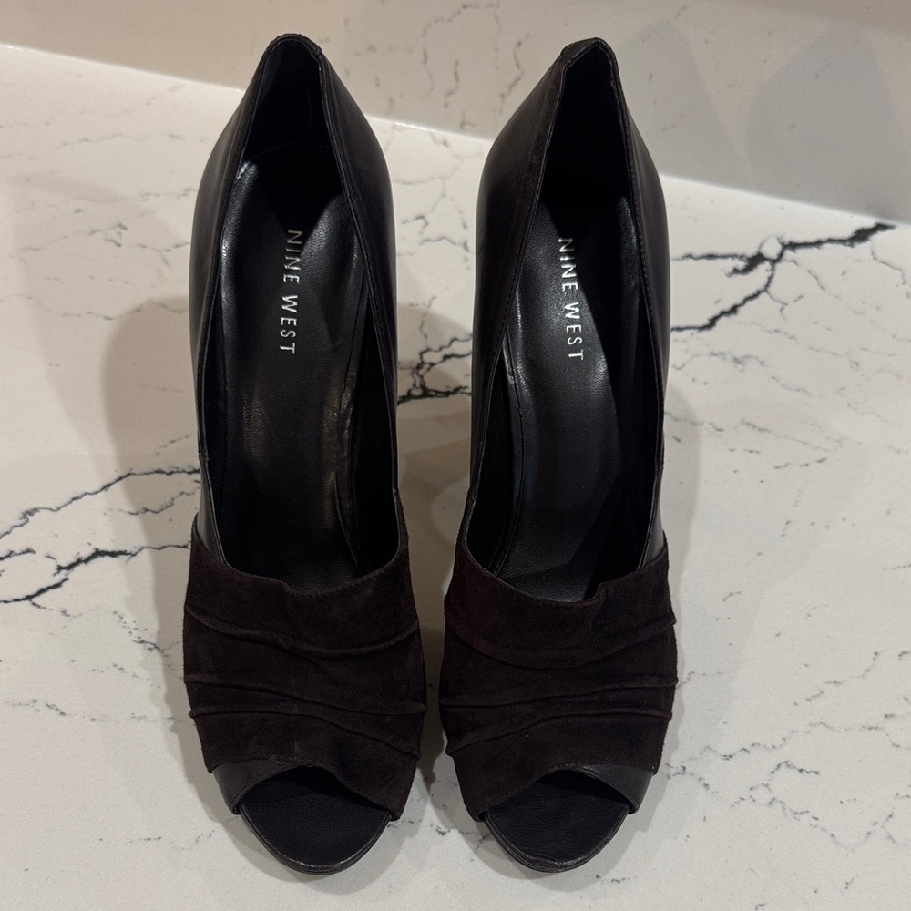 Nine West Brown Suede Peep Toe Heels
